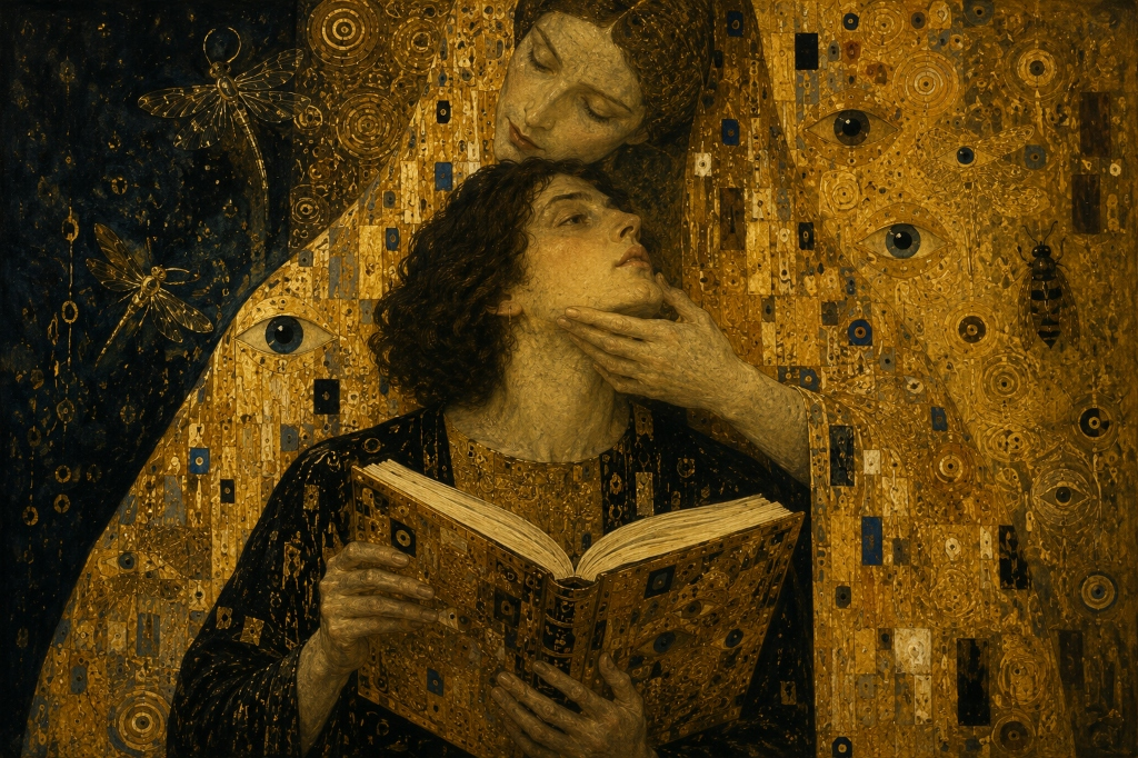 Una persona sostiene un libro mientras otra figura guía suavemente su mirada, en una composición dorada llena de ojos y símbolos.